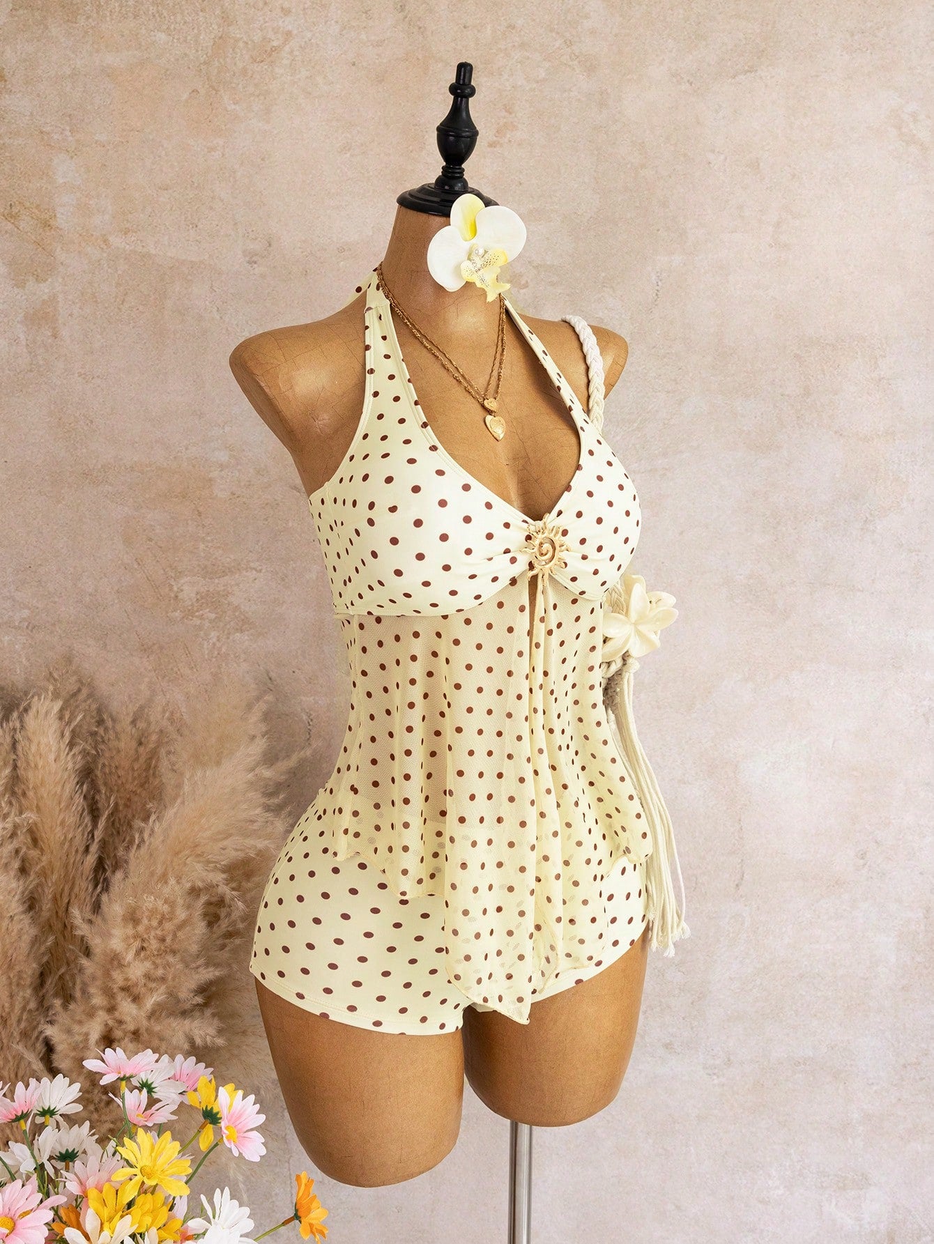 Bellisia Swim Chic Sea French Elegant Halter Neck Tankini Swimwear With Metal Decor And Mesh Splice, Vacation Style