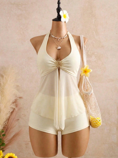 Bellisia Swim Chic Sea French Elegant Halter Neck Tankini Swimwear With Metal Decor And Mesh Splice, Vacation Style