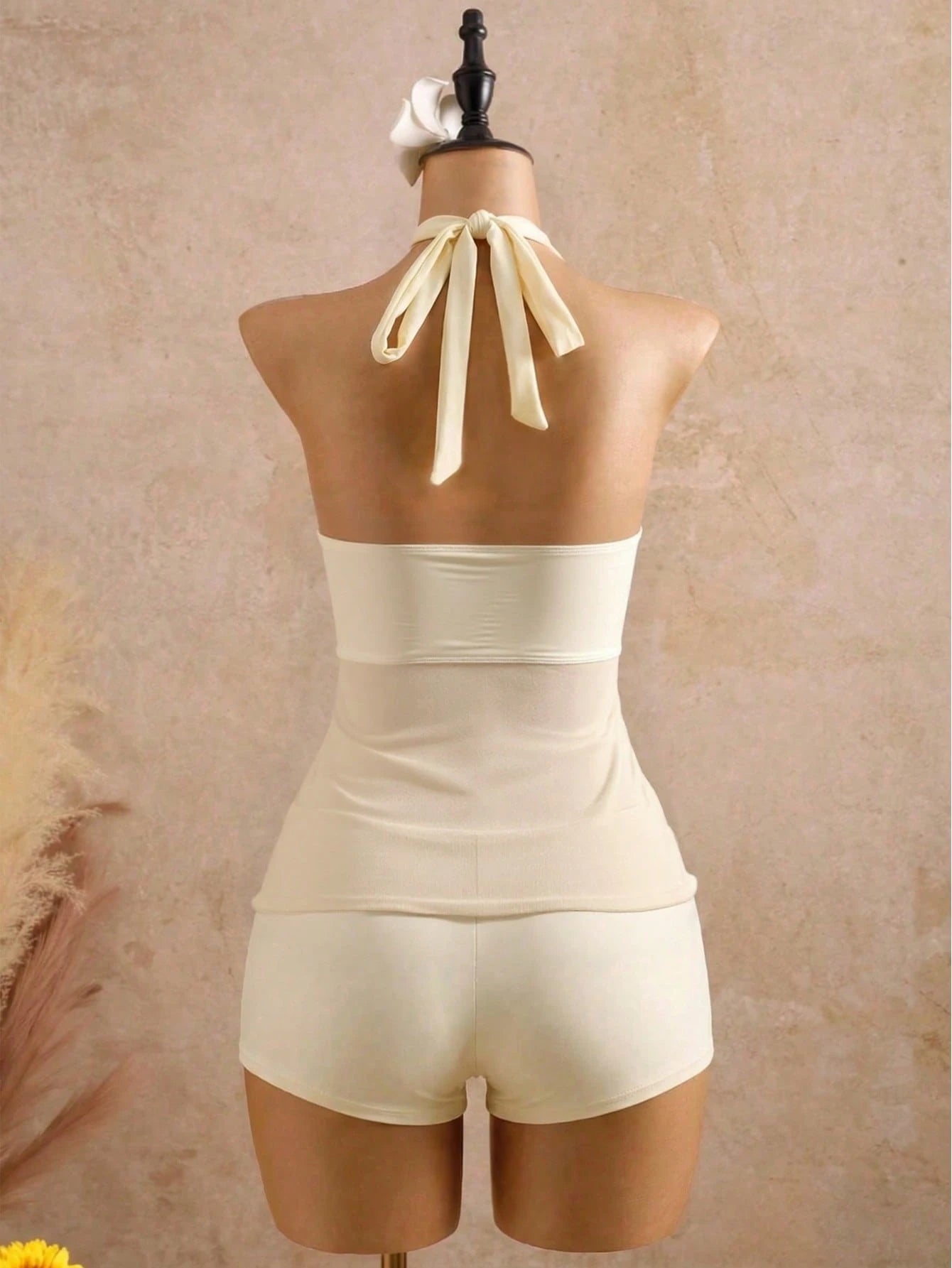 Bellisia Swim Chic Sea French Elegant Halter Neck Tankini Swimwear With Metal Decor And Mesh Splice, Vacation Style