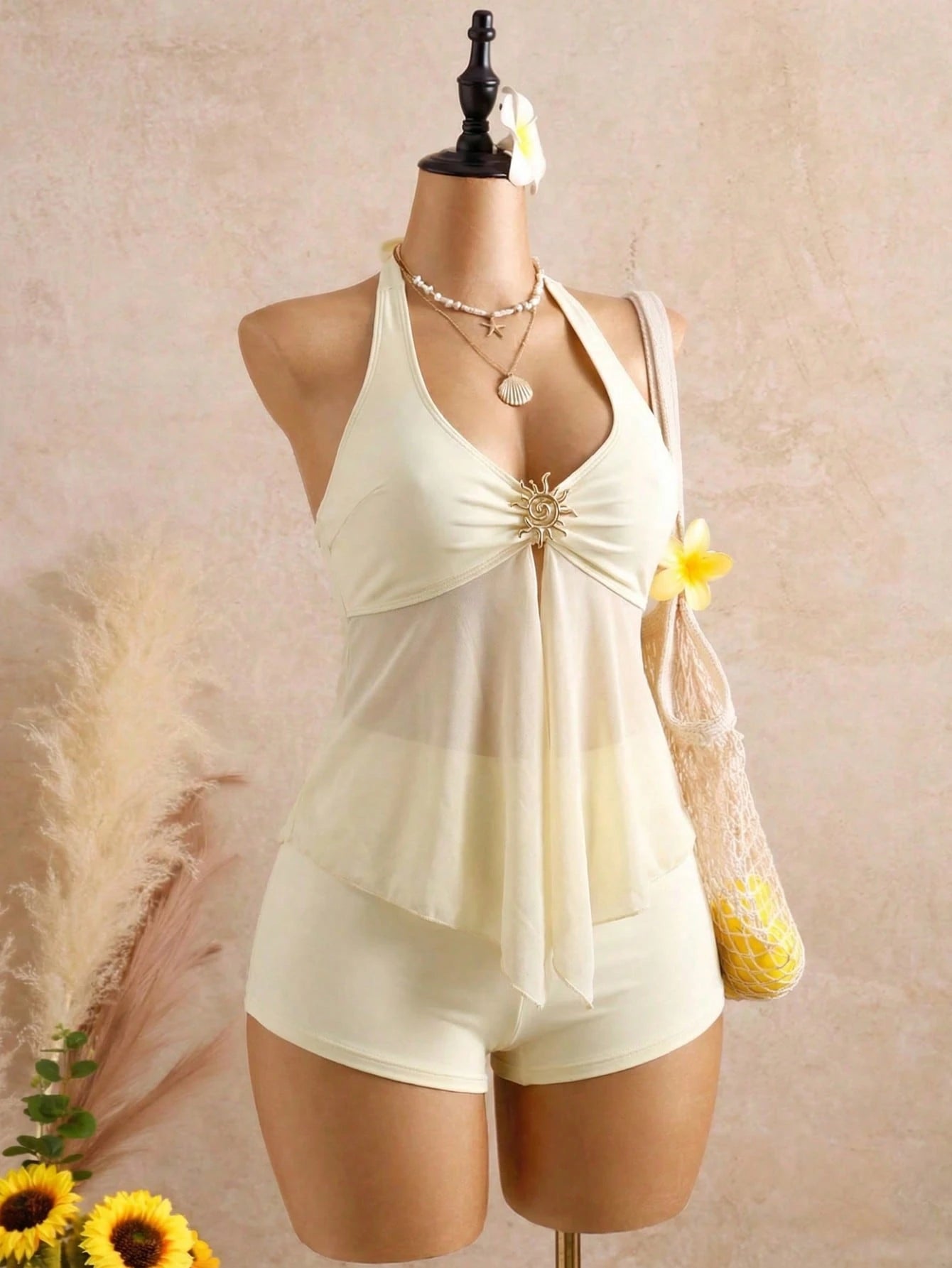 Bellisia Swim Chic Sea French Elegant Halter Neck Tankini Swimwear With Metal Decor And Mesh Splice, Vacation Style