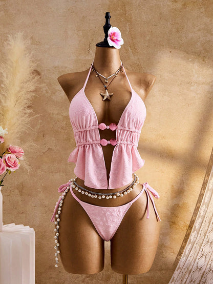 Bellisia Women's Pink Summer Cute Beach Party Holiday Halter Backless Beaded Ruffle Hem Tankini Bikini Set,Jacquard Strappy Triangle Drawstring Bathing Suit
