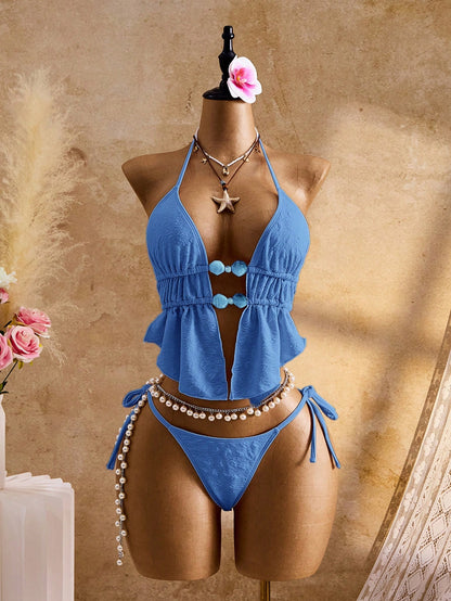 Bellisia Women's Pink Summer Cute Beach Party Holiday Halter Backless Beaded Ruffle Hem Tankini Bikini Set,Jacquard Strappy Triangle Drawstring Bathing Suit