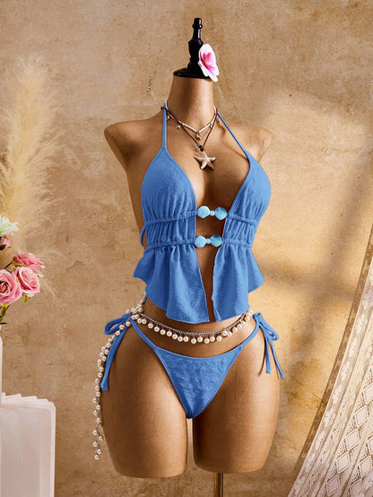 Bellisia Women's Pink Summer Cute Beach Party Holiday Halter Backless Beaded Ruffle Hem Tankini Bikini Set,Jacquard Strappy Triangle Drawstring Bathing Suit