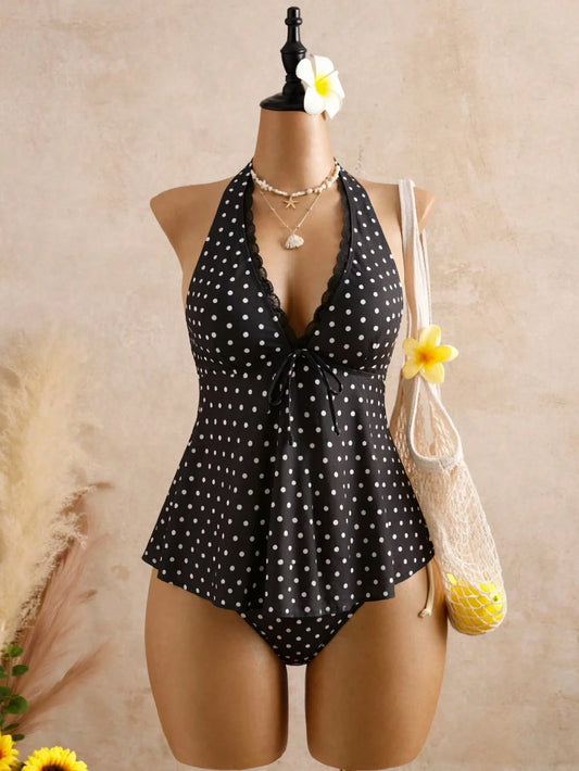 Bellisia Women's Polka Dot Printed Lace Trim Tie-Front Bowknot Decor Bikini Swimwear Set