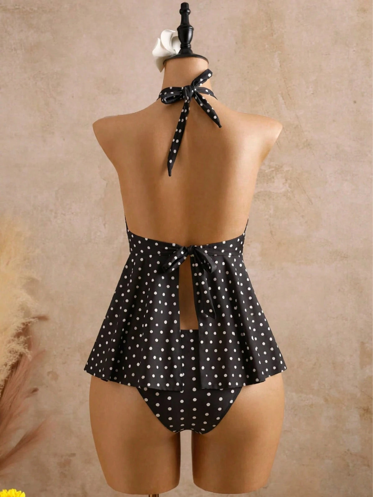 Bellisia Women's Polka Dot Printed Lace Trim Tie-Front Bowknot Decor Bikini Swimwear Set