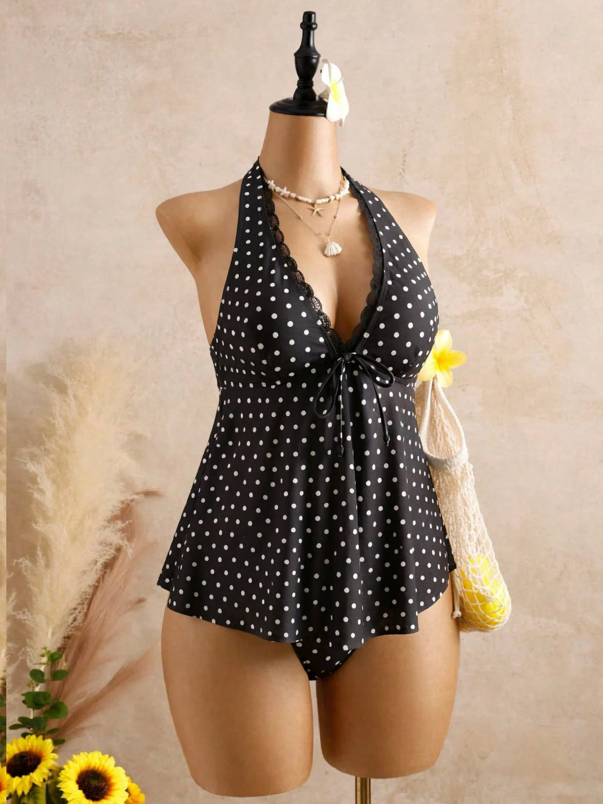 Bellisia Women's Polka Dot Printed Lace Trim Tie-Front Bowknot Decor Bikini Swimwear Set