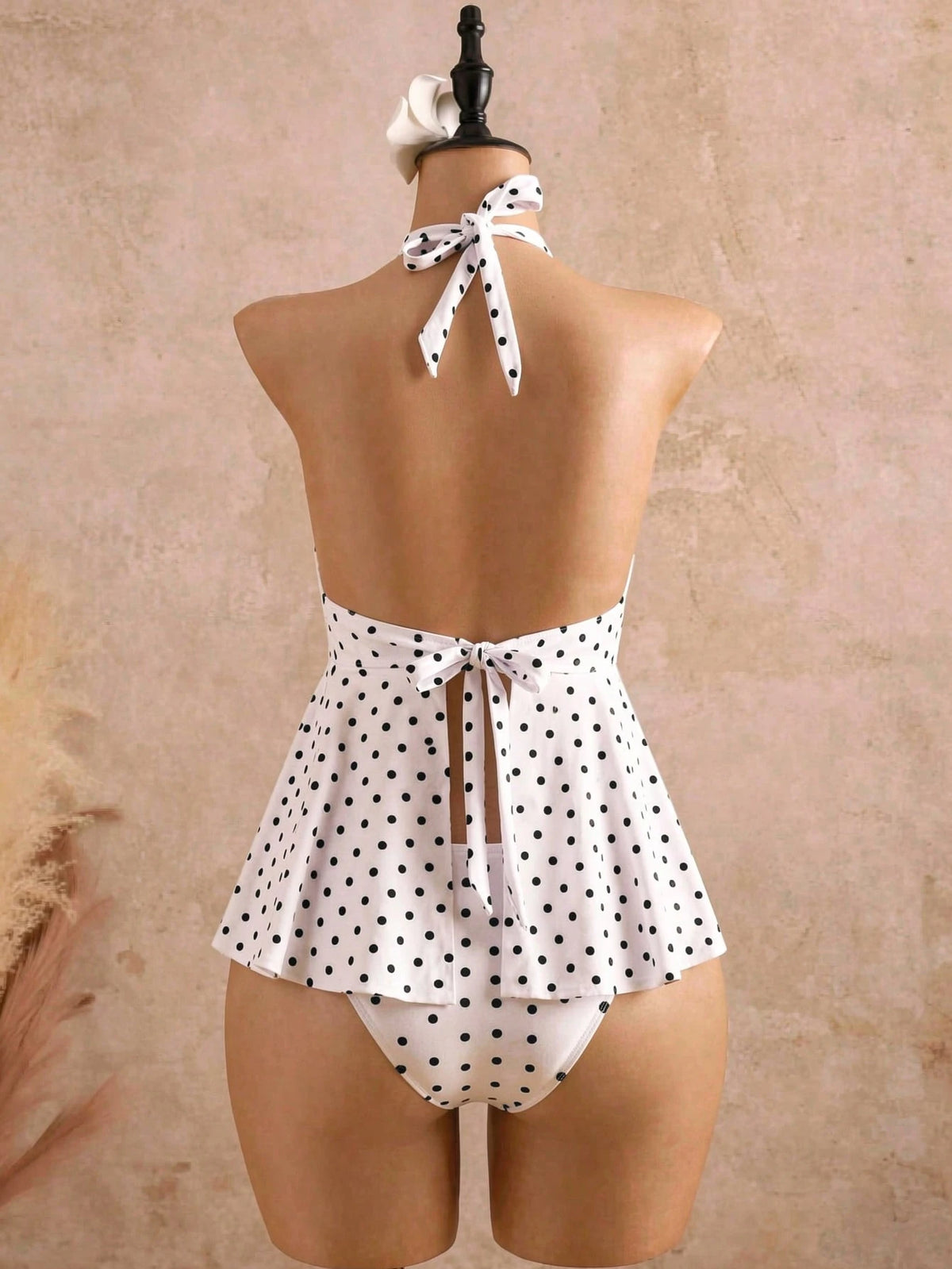 Bellisia Women's Polka Dot Printed Lace Trim Tie-Front Bowknot Decor Bikini Swimwear Set