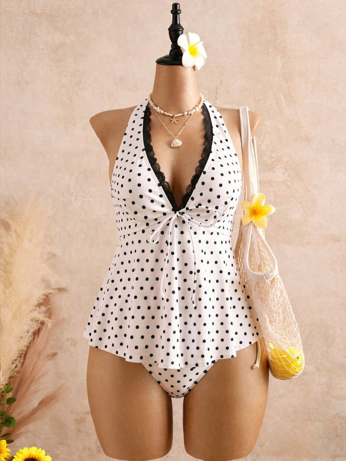 Bellisia Women's Polka Dot Printed Lace Trim Tie-Front Bowknot Decor Bikini Swimwear Set
