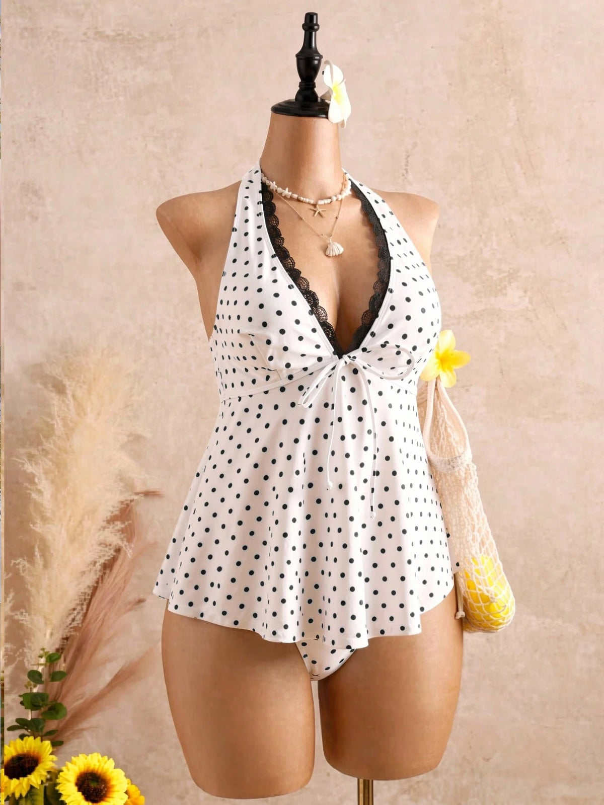 Bellisia Women's Polka Dot Printed Lace Trim Tie-Front Bowknot Decor Bikini Swimwear Set
