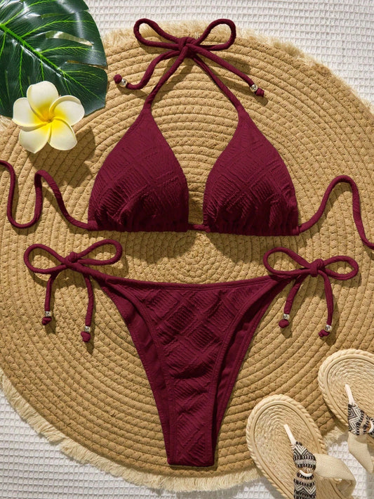 Bellisia Women's Solid Color Halter Tie Sexy Bikini Swimwear Set, Summer Beach