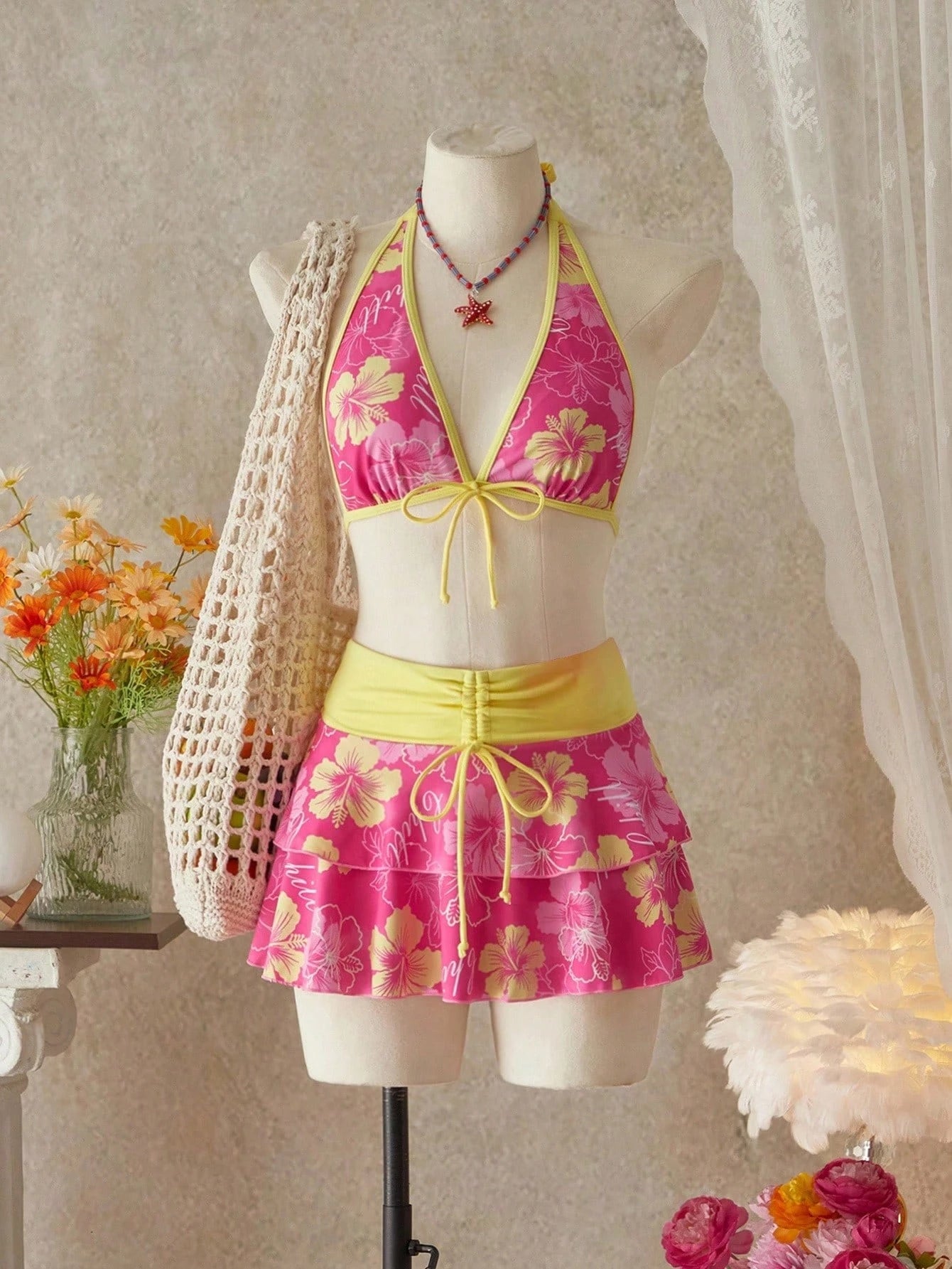 Bellisia Women's Summer Beach Music Festival Flower Print Skirt Halter Casual Vacation Style Bikini 3-Piece Set