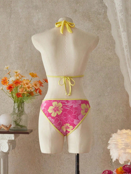 Bellisia Women's Summer Beach Music Festival Flower Print Skirt Halter Casual Vacation Style Bikini 3-Piece Set