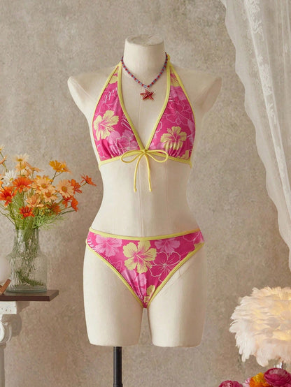 Bellisia Women's Summer Beach Music Festival Flower Print Skirt Halter Casual Vacation Style Bikini 3-Piece Set