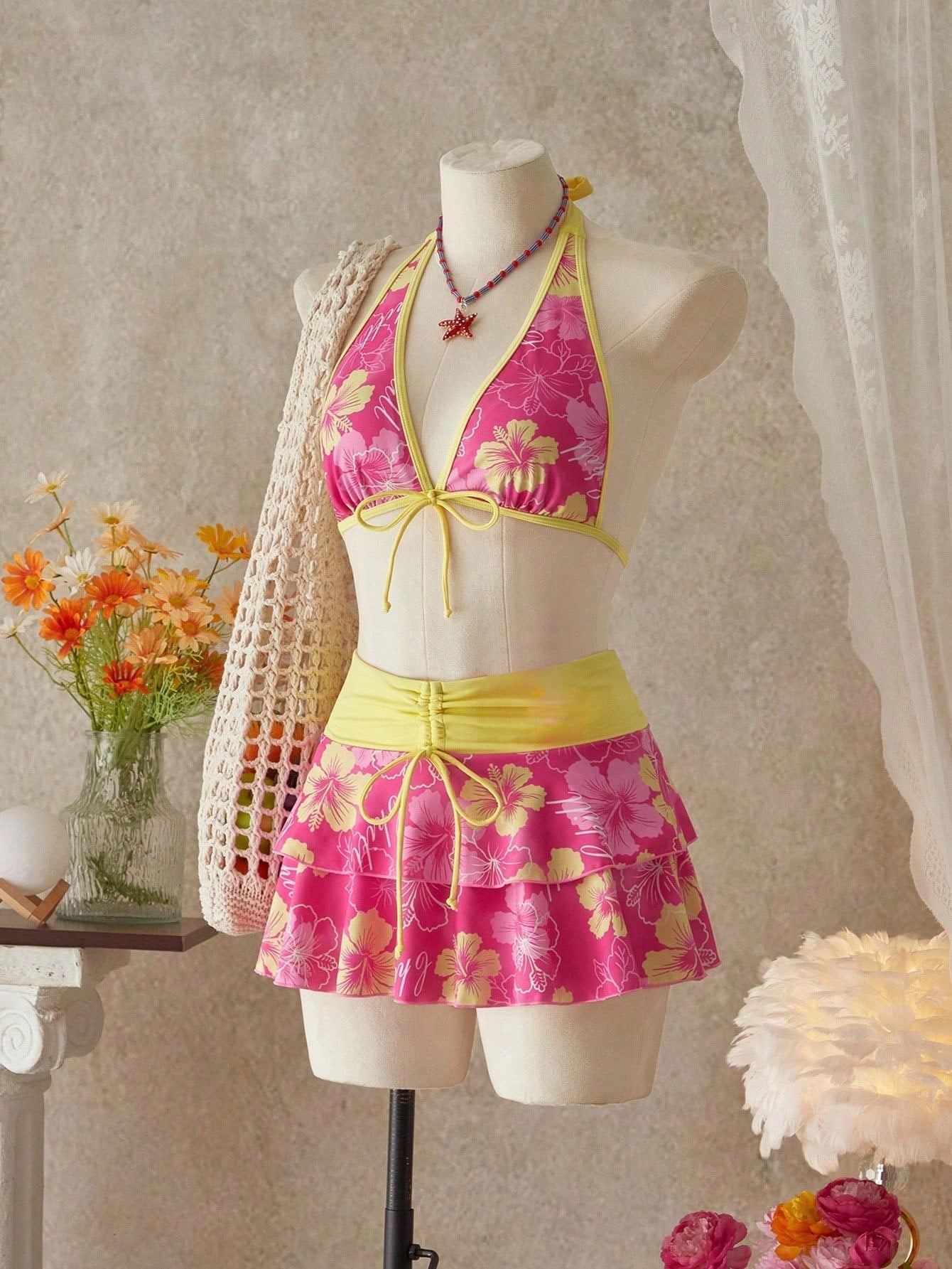 Bellisia Women's Summer Beach Music Festival Flower Print Skirt Halter Casual Vacation Style Bikini 3-Piece Set