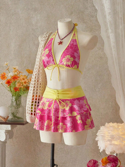 Bellisia Women's Summer Beach Music Festival Flower Print Skirt Halter Casual Vacation Style Bikini 3-Piece Set