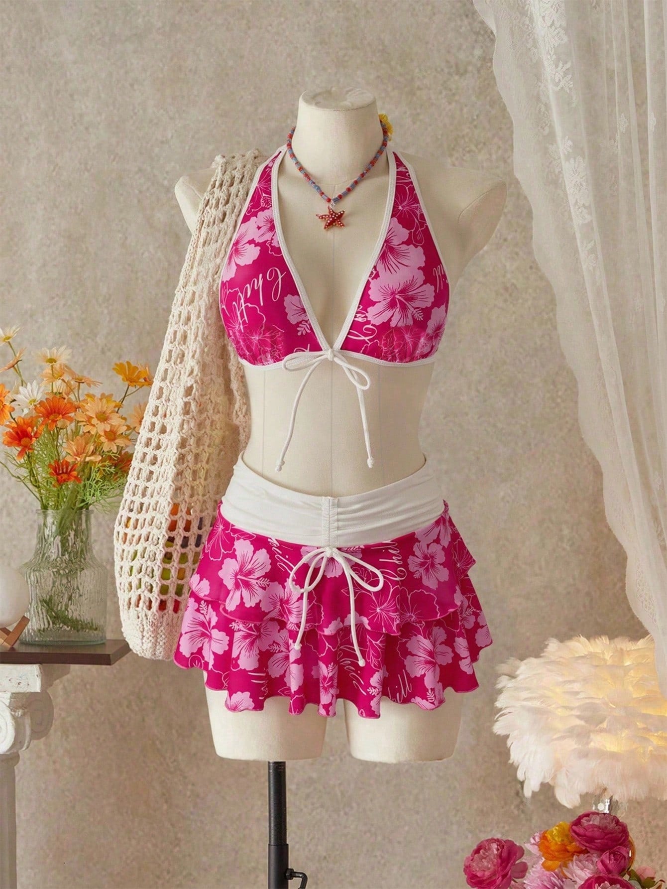 Bellisia Women's Summer Beach Music Festival Flower Print Skirt Halter Casual Vacation Style Bikini 3-Piece Set
