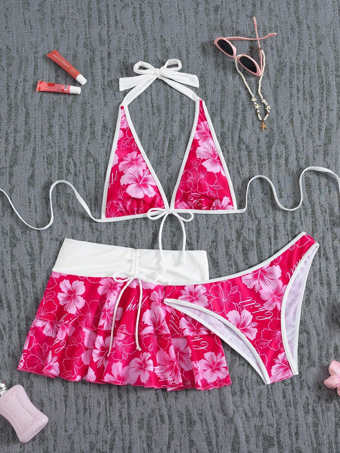 Bellisia Women's Summer Beach Music Festival Flower Print Skirt Halter Casual Vacation Style Bikini 3-Piece Set