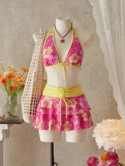 Bellisia Women's Summer Beach Music Festival Flower Print Skirt Halter Casual Vacation Style Bikini 3-Piece Set