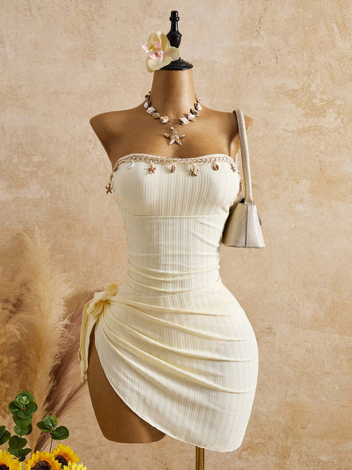 Bellisia Women's White Summer Casual Holiday Pool Party Vacation Holiday,Elegant Strapless Corset Mini Dress,Jacquard Pleated Boho Retro Wedding Guest Dress