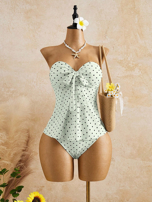 Bellisia Women's White With Black Polka Dots Knotted Front Bandeau Tankini Set,Strapless Bow Tie Swimwear For Summer,Tropical Holiday,Pool Party And Vacation