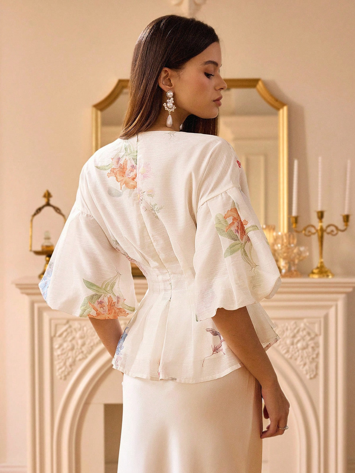 BELROSIE BELROSIE Organza Floral Print Puff Sleeve Women's Blouse