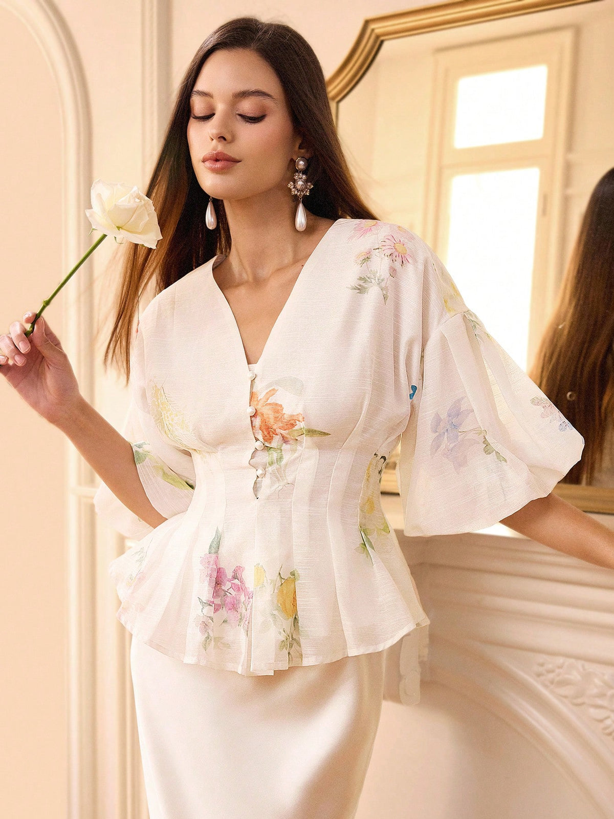 BELROSIE BELROSIE Organza Floral Print Puff Sleeve Women's Blouse