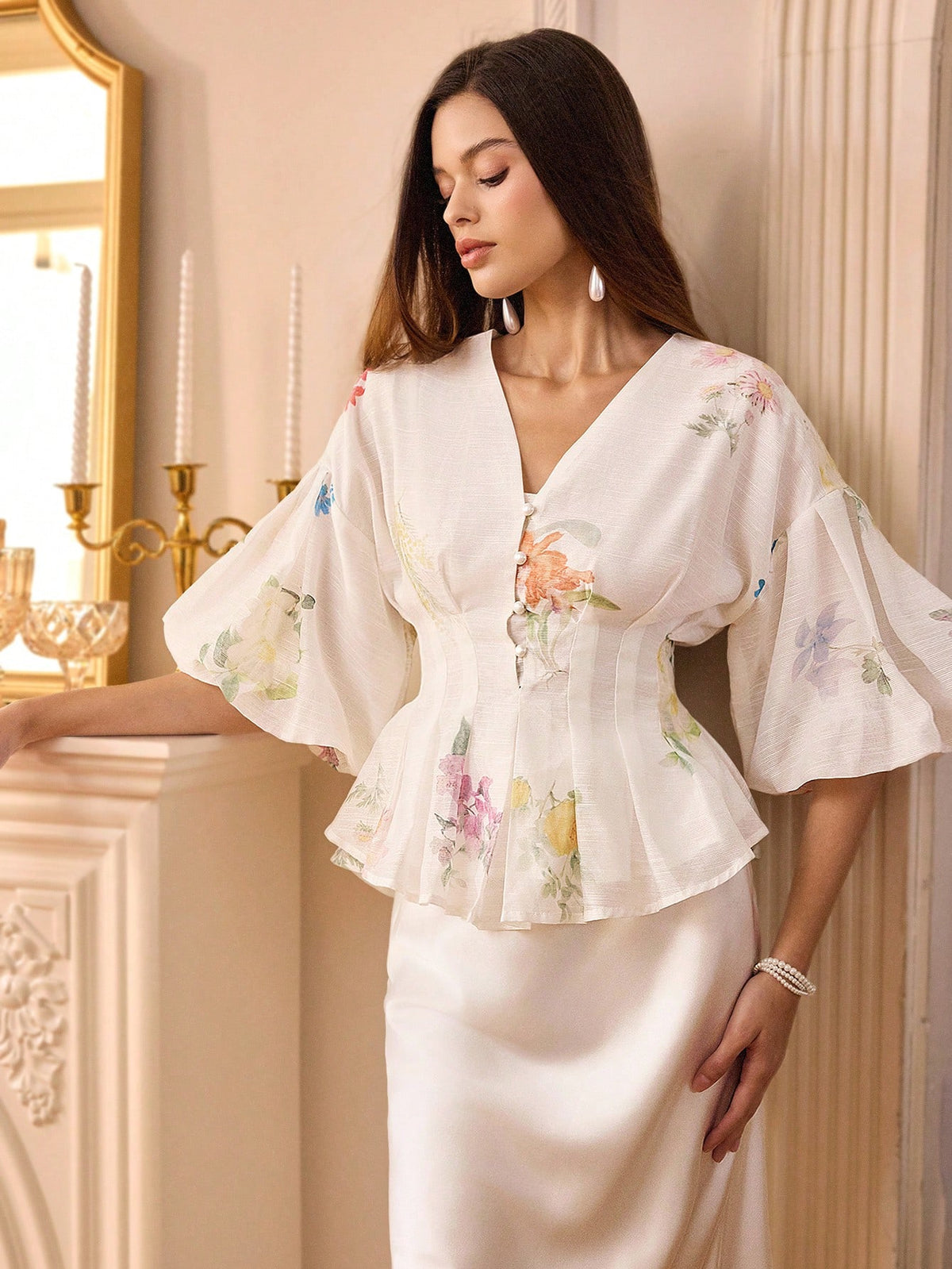 BELROSIE BELROSIE Organza Floral Print Puff Sleeve Women's Blouse
