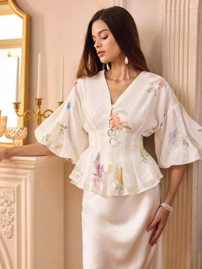 BELROSIE BELROSIE Organza Floral Print Puff Sleeve Women's Blouse