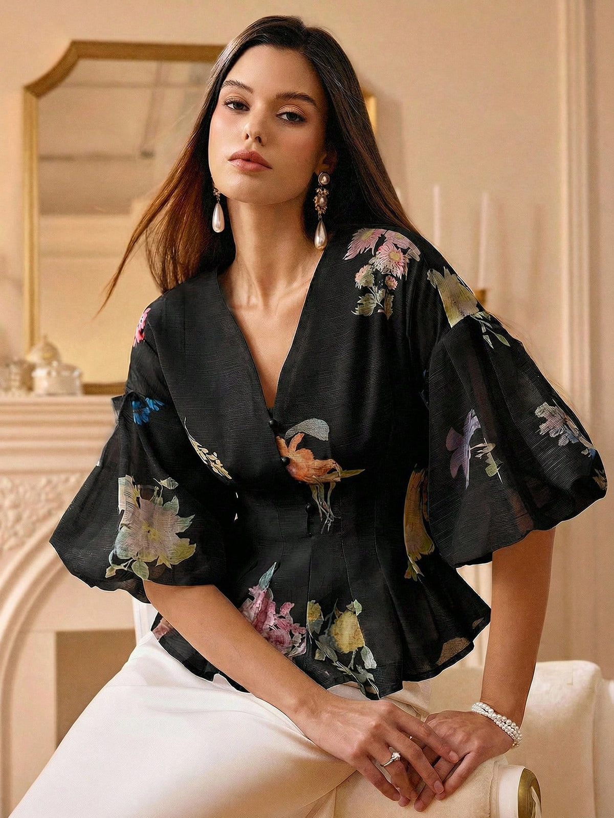 BELROSIE BELROSIE Organza Floral Print Puff Sleeve Women's Blouse