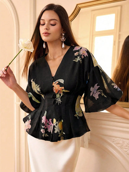 BELROSIE BELROSIE Organza Floral Print Puff Sleeve Women's Blouse