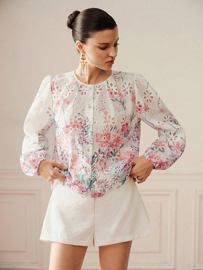 BELROSIE Summer New French Style Premium Loose Embroidered Hollow Out Print Patchwork Long Sleeve Button-Up Shirt, White Contrast Color Heavy Craft Floral Embroidery Blouse, Floral Print, Hollow Lace
