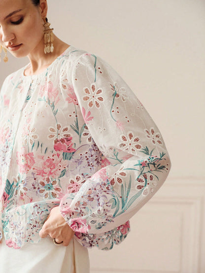 BELROSIE Summer New French Style Premium Loose Embroidered Hollow Out Print Patchwork Long Sleeve Button-Up Shirt, White Contrast Color Heavy Craft Floral Embroidery Blouse, Floral Print, Hollow Lace