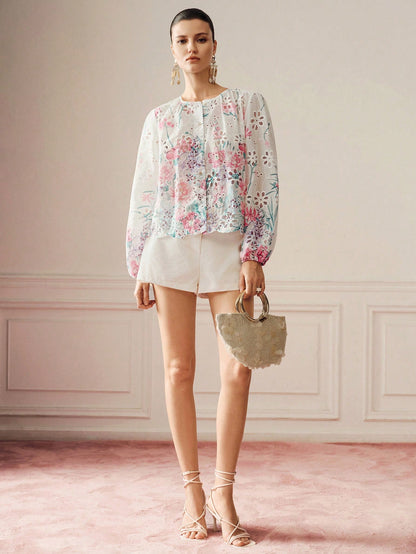 BELROSIE Summer New French Style Premium Loose Embroidered Hollow Out Print Patchwork Long Sleeve Button-Up Shirt, White Contrast Color Heavy Craft Floral Embroidery Blouse, Floral Print, Hollow Lace