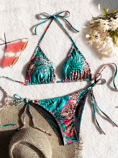 Bestselling Sexy Leopard Print Halter Tie Bikini Set, Open Back String Stretchy Swimsuit, Euro-American Style Women's Vacation Beachwear Summer
