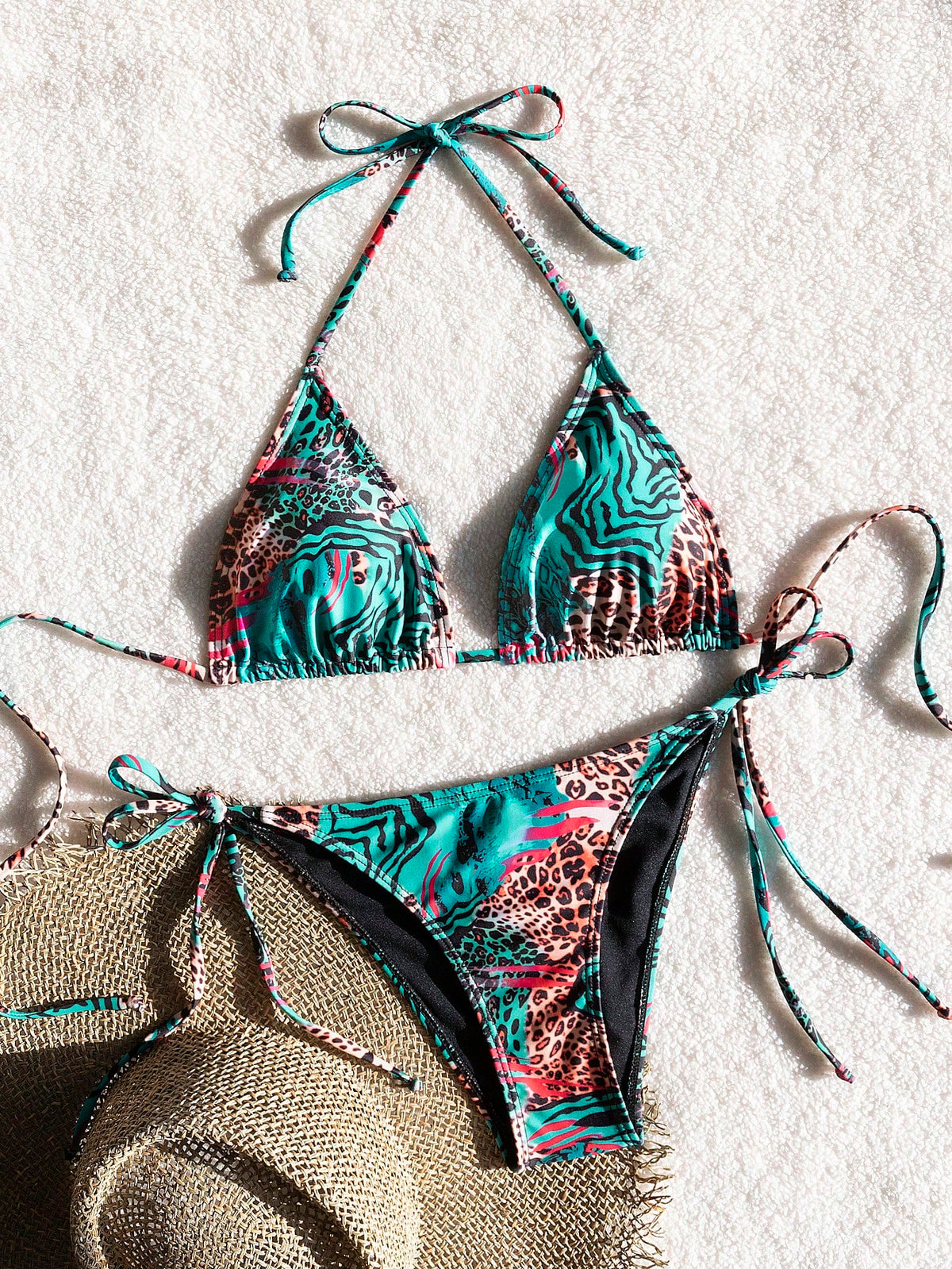 Bestselling Sexy Leopard Print Halter Tie Bikini Set, Open Back String Stretchy Swimsuit, Euro-American Style Women's Vacation Beachwear Summer