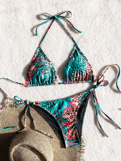 Bestselling Sexy Leopard Print Halter Tie Bikini Set, Open Back String Stretchy Swimsuit, Euro-American Style Women's Vacation Beachwear Summer