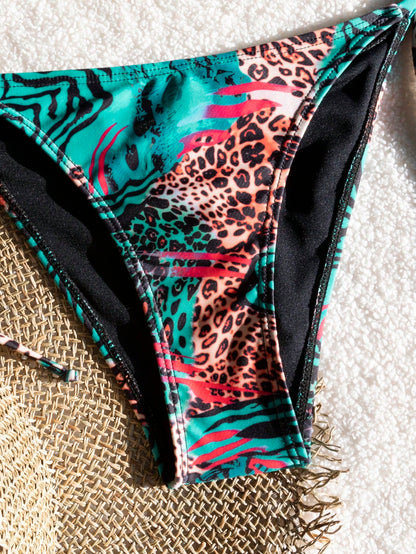 Bestselling Sexy Leopard Print Halter Tie Bikini Set, Open Back String Stretchy Swimsuit, Euro-American Style Women's Vacation Beachwear Summer