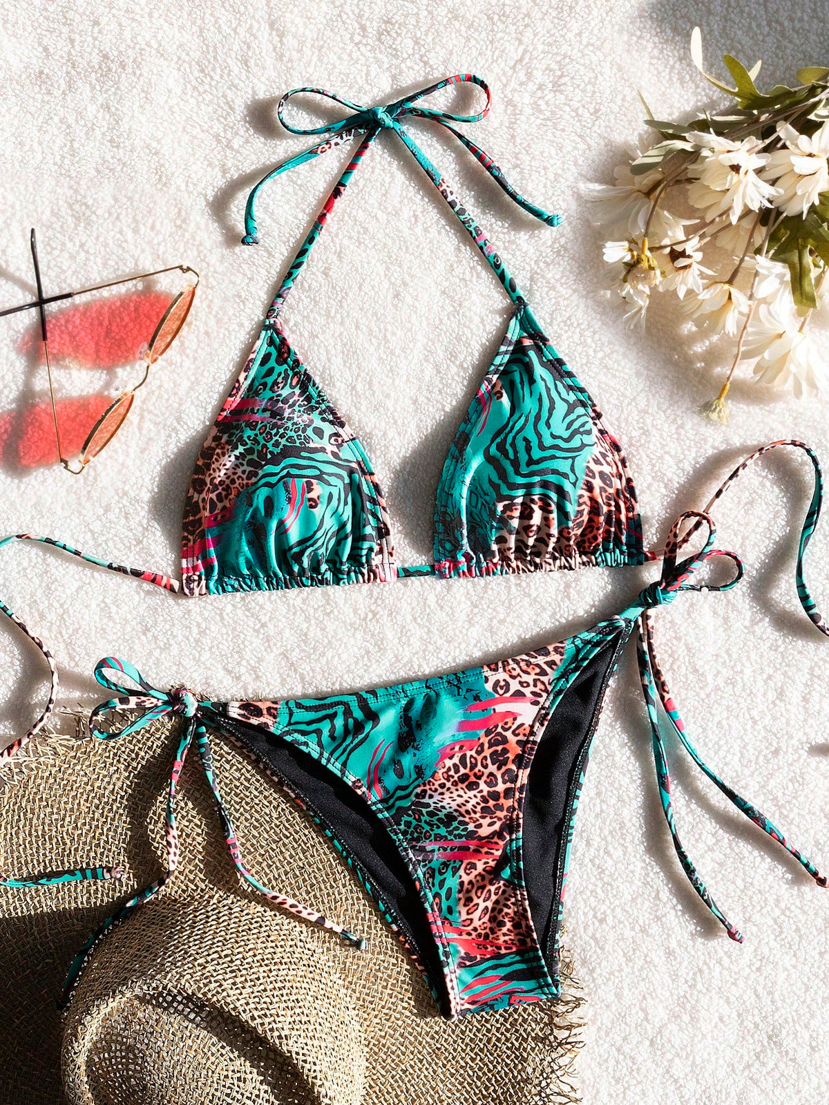 Bestselling Sexy Leopard Print Halter Tie Bikini Set, Open Back String Stretchy Swimsuit, Euro-American Style Women's Vacation Beachwear Summer