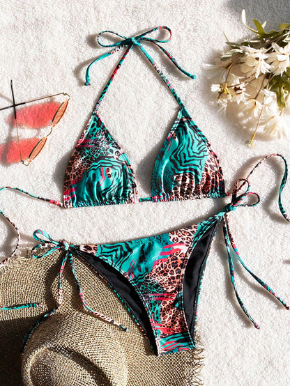 Bestselling Sexy Leopard Print Halter Tie Bikini Set, Open Back String Stretchy Swimsuit, Euro-American Style Women's Vacation Beachwear Summer