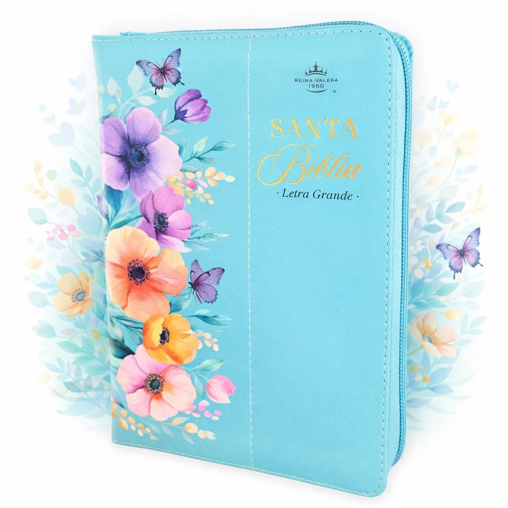 Biblia Con Cierre Para Mujer Portatil Letra Grande 12 Puntos RV1960, Imit Piel Flores Turquesa Con Indice Y Canto Floral