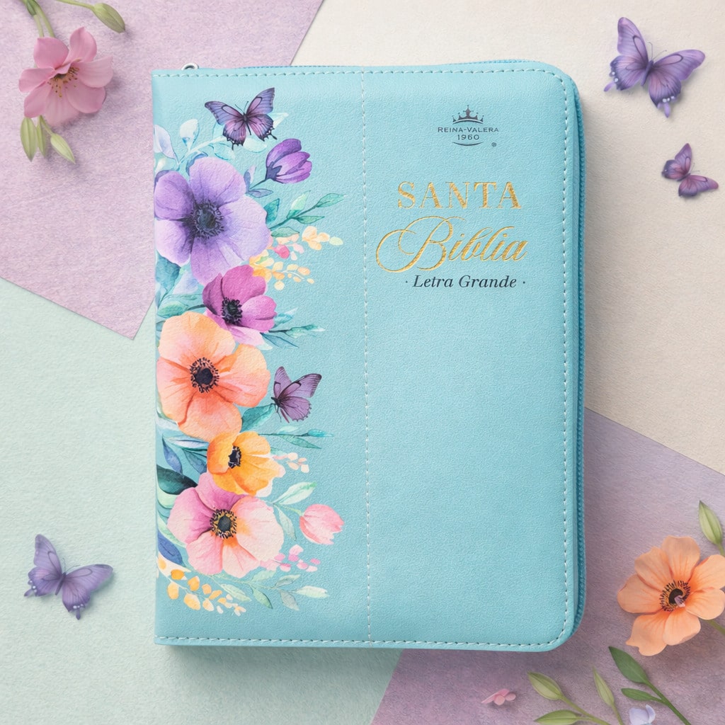 Biblia Con Cierre Para Mujer Portatil Letra Grande 12 Puntos RV1960, Imit Piel Flores Turquesa Con Indice Y Canto Floral