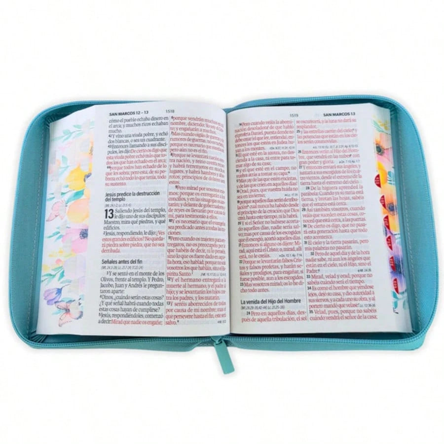 Biblia Con Cierre Para Mujer Portatil Letra Grande 12 Puntos RV1960, Imit Piel Flores Turquesa Con Indice Y Canto Floral