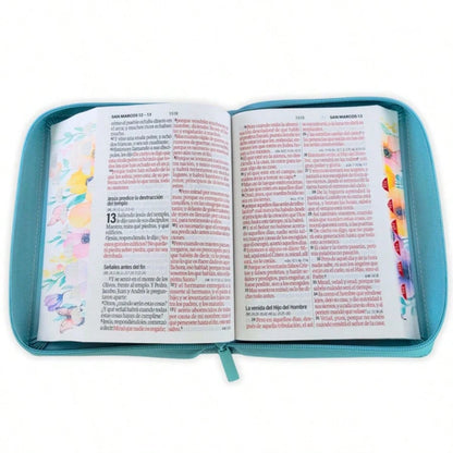Biblia Con Cierre Para Mujer Portatil Letra Grande 12 Puntos RV1960, Imit Piel Flores Turquesa Con Indice Y Canto Floral