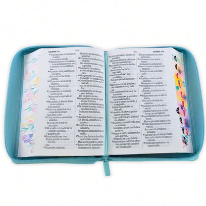 Biblia Con Cierre Para Mujer Portatil Letra Grande 12 Puntos RV1960, Imit Piel Flores Turquesa Con Indice Y Canto Floral