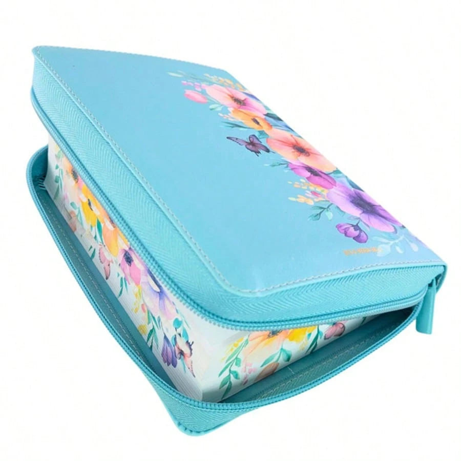 Biblia Con Cierre Para Mujer Portatil Letra Grande 12 Puntos RV1960, Imit Piel Flores Turquesa Con Indice Y Canto Floral