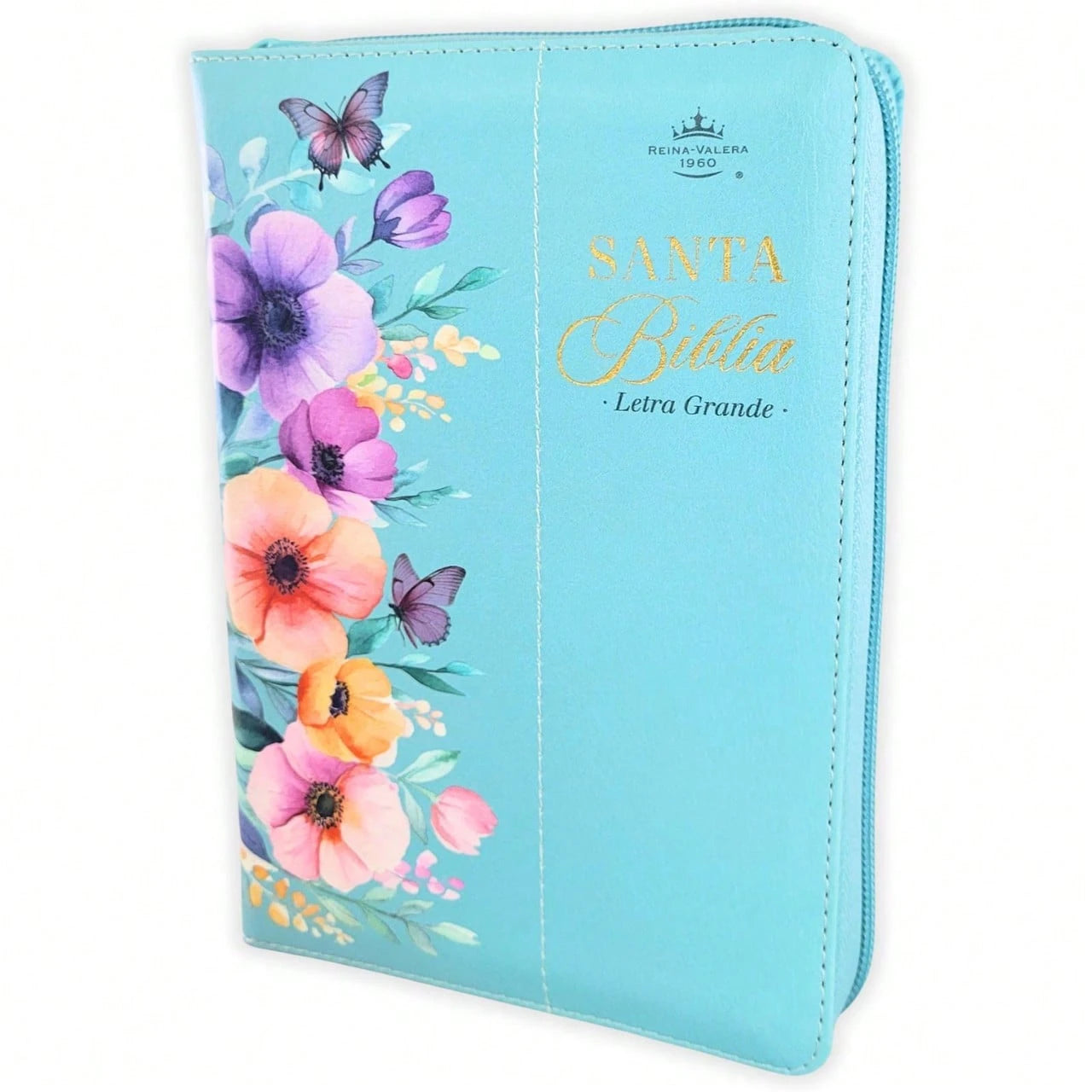 Biblia Con Cierre Para Mujer Portatil Letra Grande 12 Puntos RV1960, Imit Piel Flores Turquesa Con Indice Y Canto Floral