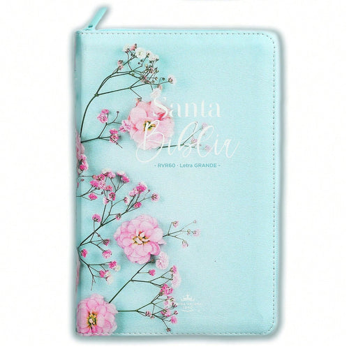 Biblia Para Mujer Con Cierre Letra Grande 12 Puntos RV1960 Imit. Floral Turquesa Con Indice