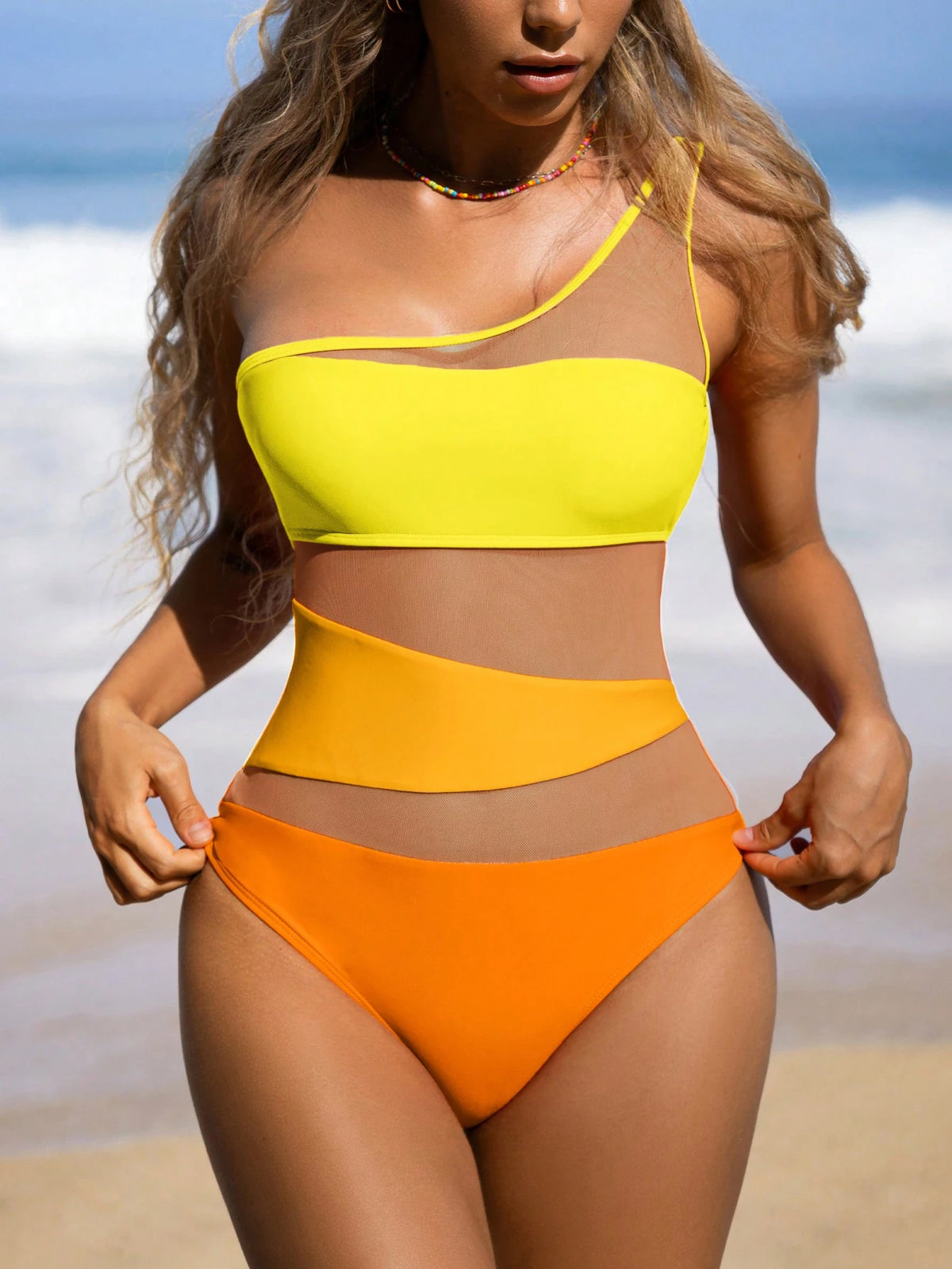 Bikinx Women's Gradient Mesh Patchwork Sexy One-Shoulder Sleeveless One-Piece Swimsuit For Beach Vacation Summer