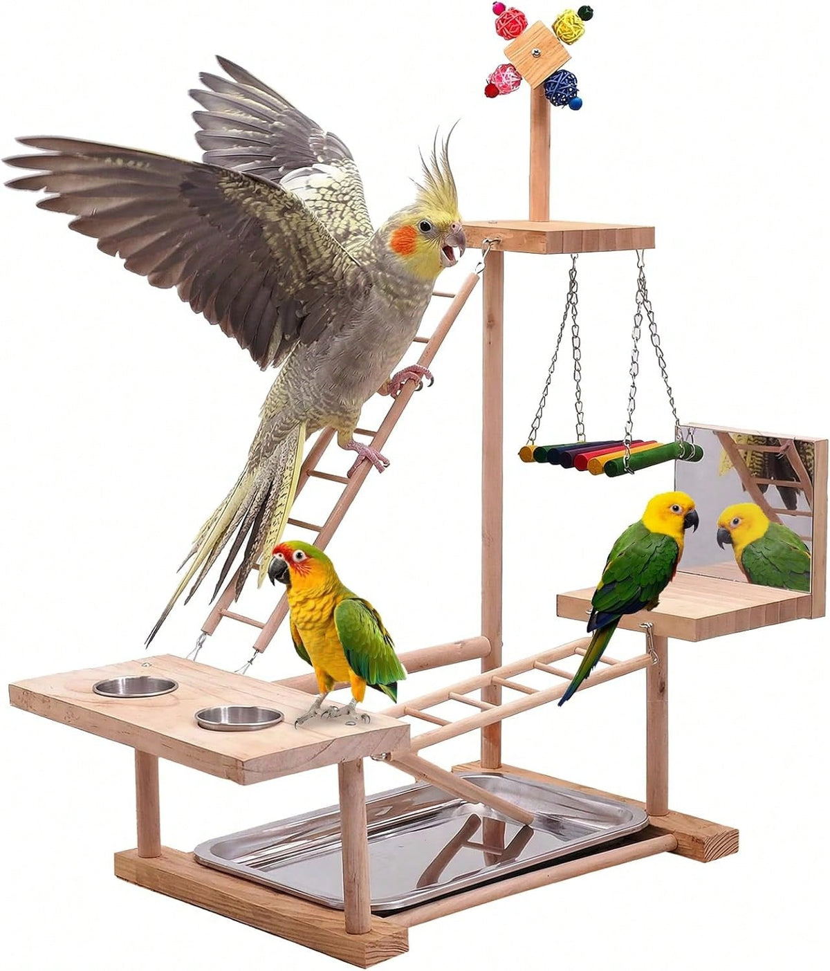Bird Playground Natural Wood Bird Perch Stand With Mirror Parakeet Ladder Chewing Toy Conure Swing And Feeder Cup Small To Medium Birds