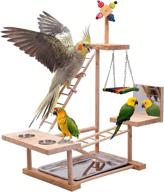 Bird Playground Natural Wood Bird Perch Stand With Mirror Parakeet Ladder Chewing Toy Conure Swing And Feeder Cup Small To Medium Birds